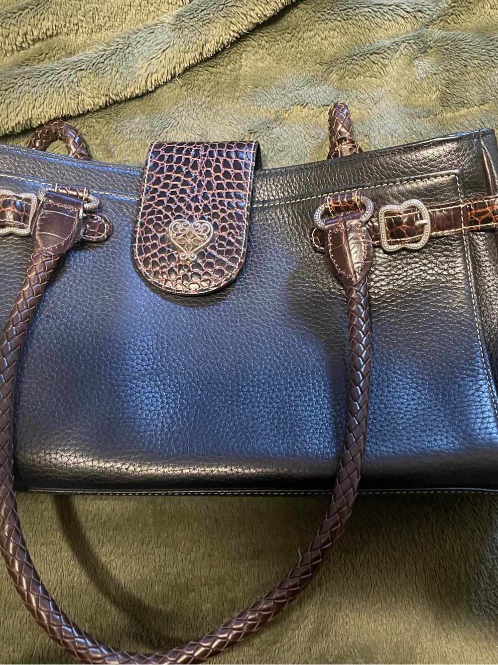 Vintage Black Leather Satchel Bag with Brown Accents